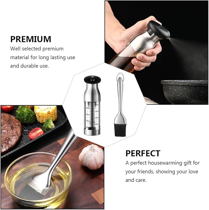 ARTIBETTER Stainless Steel Oil and Vinegar Sprayer Bottle with Scale Leak-proof Oil Dispenser for Kitchen Cooking 2pcs Set with Press Spray for Salad and Bbq