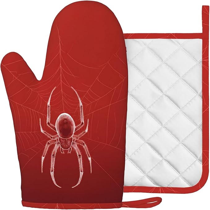 Halloween Spider Web Oven Mitts and Pot Holders Sets Silicone Heat Resistant Kitchen Oven Gloves Pot Holder for Cooking Baking Grilling BBQ
