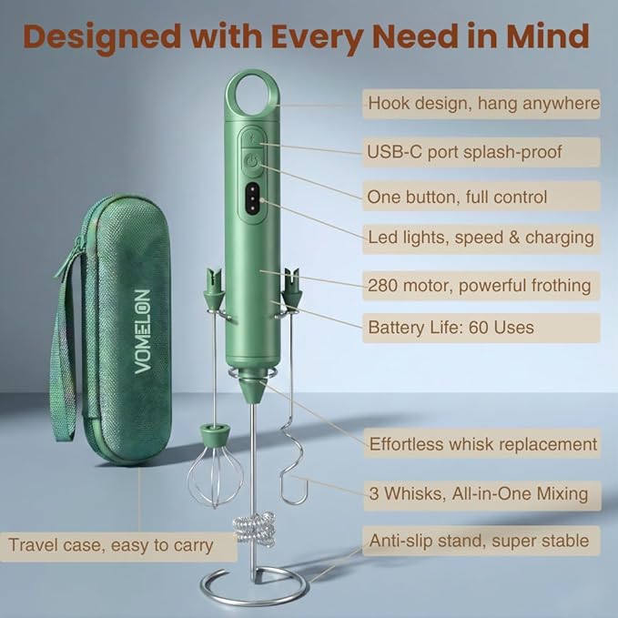 Rechargeable Milk Frother Handheld 3 Speed Coffee Foamer [3 Whisk] Electric Drink Mixer for Latte, Cappuccino, Coffee, Eggs, Hot Chocolate,Grass Green