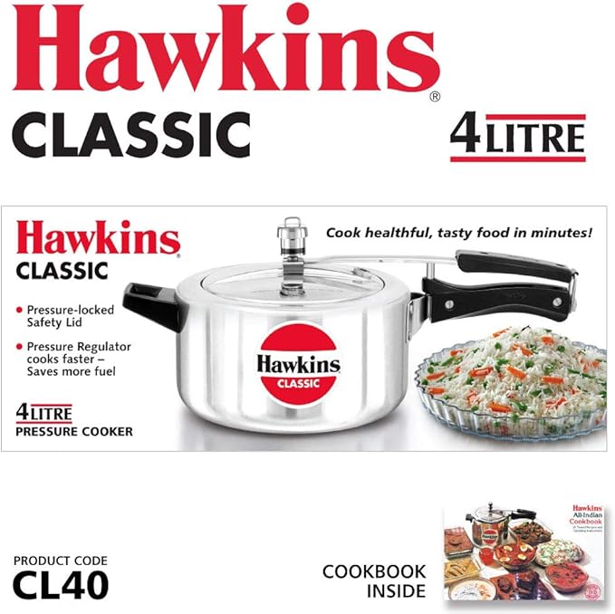 Hawkins 4 Litre Classic Pressure Cooker, Best Inner Lid Cooker, Silver (CL40)