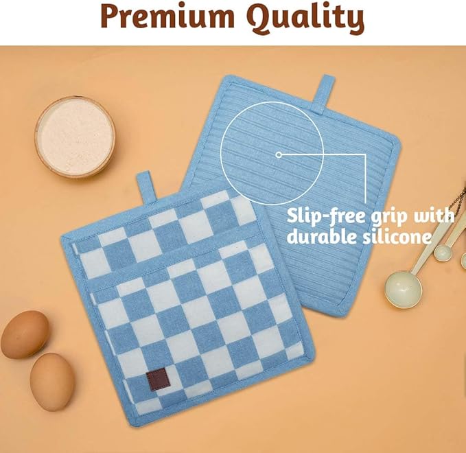 Folkulture Pot Holders for Kitchen | Pack of 2 (8x8) Ribbed Soft Silicone Hot Pads for Kitchen | 100% Cotton Cute Oven Pot Holders Set | Heat Resistant | Machine Washable | Non Slip | Checkmate