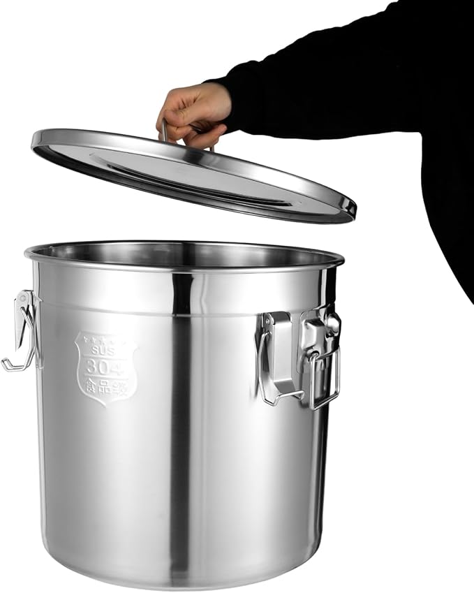 8.7Gal 304 Stainless Steel Airtight Canister for Kitchen, 28-60Lbs Rice Cereal Grain Canisters Container, Metal Kitchen Rice Oil Storage Bucket for Household Food w/Handles+Lid (Silver-33L)