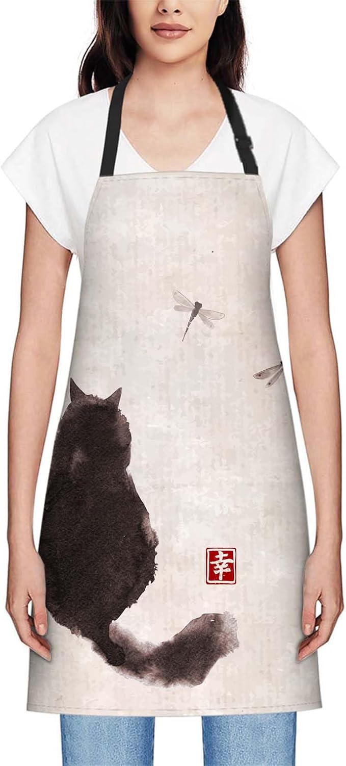 oFloral Vintage Cat and Dragonfly Apron Adjustable Bib Chef Aprons Cooking Apron Unisex Women Men Aprons Perfect for Home Kitchen, Baking, Gardening, Restaurant, Coffee house BBQ