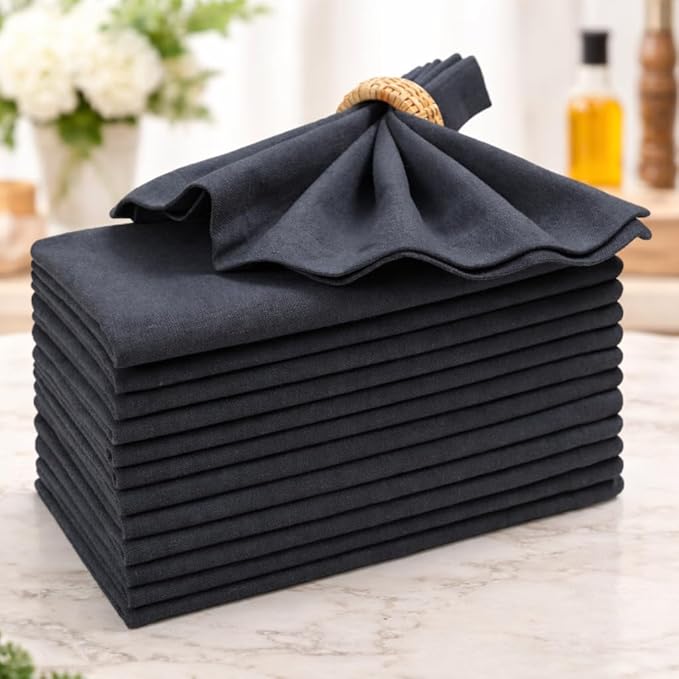 Cotton Dinner Napkins Set of 12, 18x18 Inch Cloth Napkins, Dark Grey Fabric, Reusable & Machine Washable, Soft Durable Table Napkins for Weddings, Restaurants, Parties & Everyday Dining