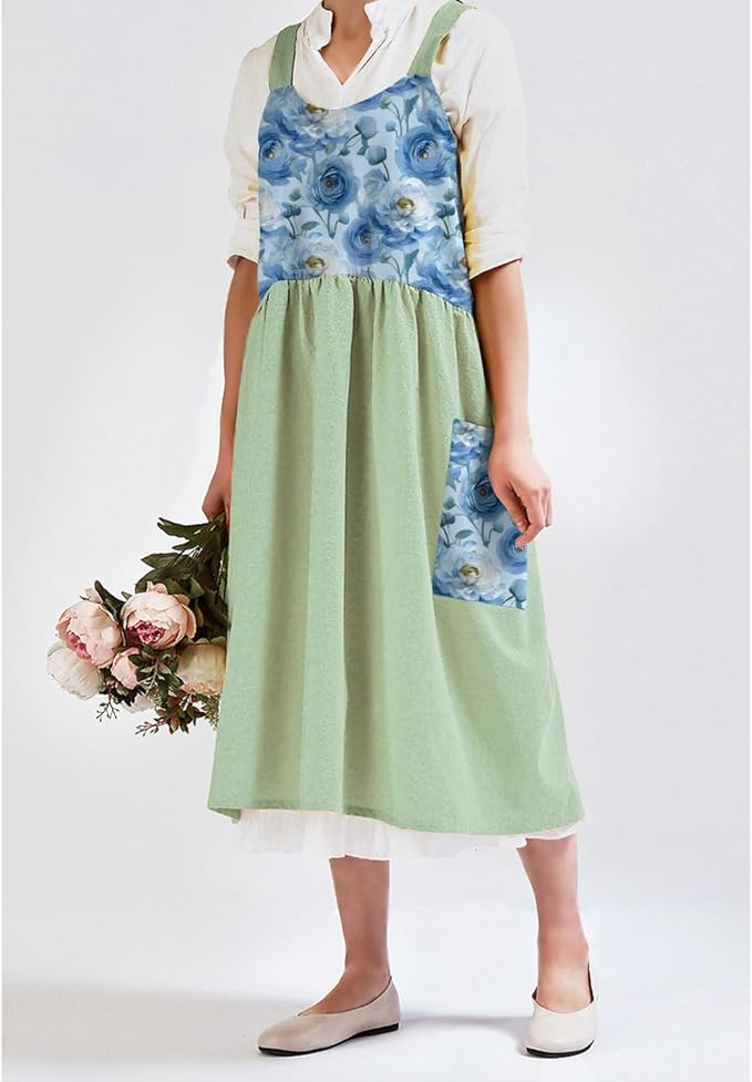 Uaussi Cotton Linen Apron Cross Back Work Apron for Women with Pockets Pinafore Dress X Cross Halter Apron for Chef Gardening