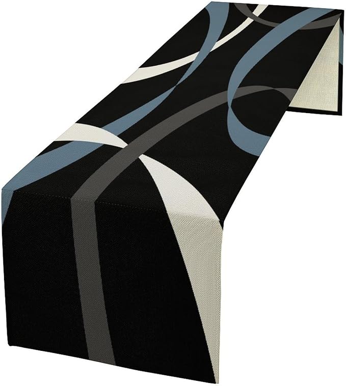 Abstract Geometric Table Runner Modern Blue Grey White Striped Black Background Kitchen Dinner Runner for Indoor Home Living Room Party Dining Table Decoration 13"x120"