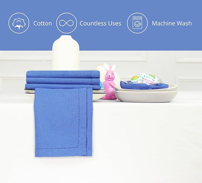 PurpleEssences Set of 12 Hemstitch Cloth Dinner Napkins 100% Cotton - Soft Durable Washable - Ideal for Wedding Spring Easter Summer - Perfect Everyday Use Table Linen 18x18 - Light Blue