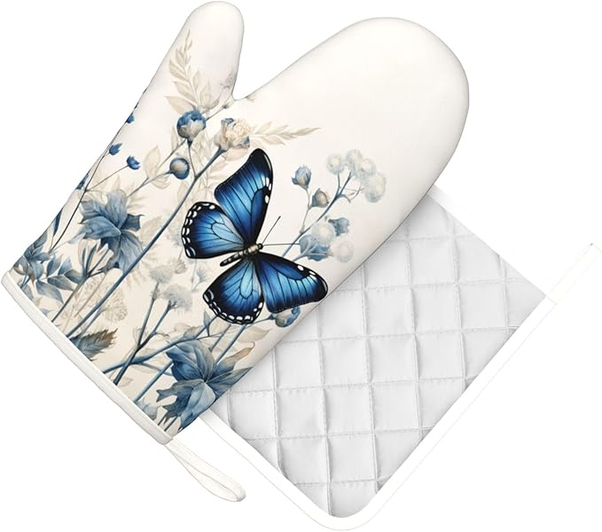 Oven Mitts and Pot Holders Butterfly Blue Flower Boho Silicone Kitchen Accessories Set of 2 Heat Resistant Long Gloves Potholder Non-Slip Grip for Chef Cooking,Baking,Grilling,BBQ