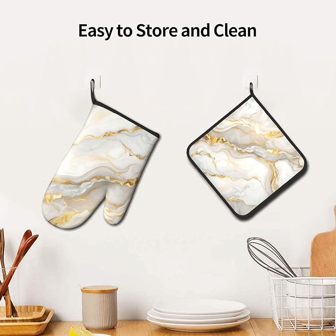 White Gold Marble Oven Mitts and Pot Holders Gold Veins Heat Resistant Oven Mitts Safe for Baking Cooking BBQ