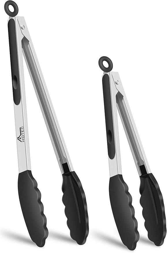HOTEC Premium 7 & 9 Inch Kitchen Tongs, Stainless Steel Locking Cooking Tongs with Silicone Tips, Non-Scratch & Heat Resistant, Serving Tongs for Salad, BBQ, Black, Set of 2