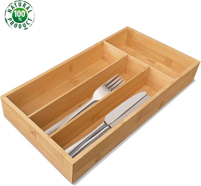 guiogc Bamboo Silverware Organizer, Kitchen Drawer Organizer, Silverware Utensil Tray Holder for Flatware Cutlery Knives, Forks, Spoons (4-Slots) (Natural)