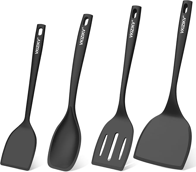 Silicone Spatula Turner Set, 4 Pack, 600°F Heat Resistant Cooking Spatulas, Spoons, BPA Free & Non-Stick Kitchen Utensils, Ideal for Flipping Egg, Pancake, and Serving, Dishwasher Safe (Black)