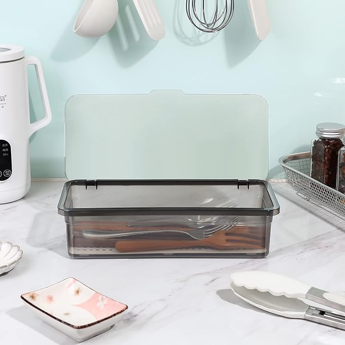 Cabilock Utensil Tray with Lid and Drain Rack, Dust-Proof Chopsticks Storage Boxes, Tableware Organizer Kitchen Cutlery Container Holder for Drawer, Table, Countertops, Cabinets