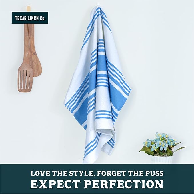 TEXAS LINEN CO. American Stripe Kitchen Towels 100% Cotton Pack of 6, Highly Absorbent Quick Drying, Soft Dish Towels 20x30 Inch for Kitchen w Hanging Loop, Hand & Tea Towel - Turquoise Blue & White