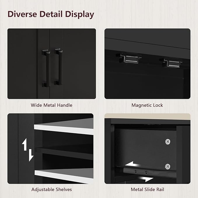 usikey 63" Buffet Cabinet with Storage, Large Sideboard Buffet Cabinet with 2 Adjustable Shelves and 4 Doors, Modern Farmhouse Coffee Bar for Kitchen, Living Room, Black