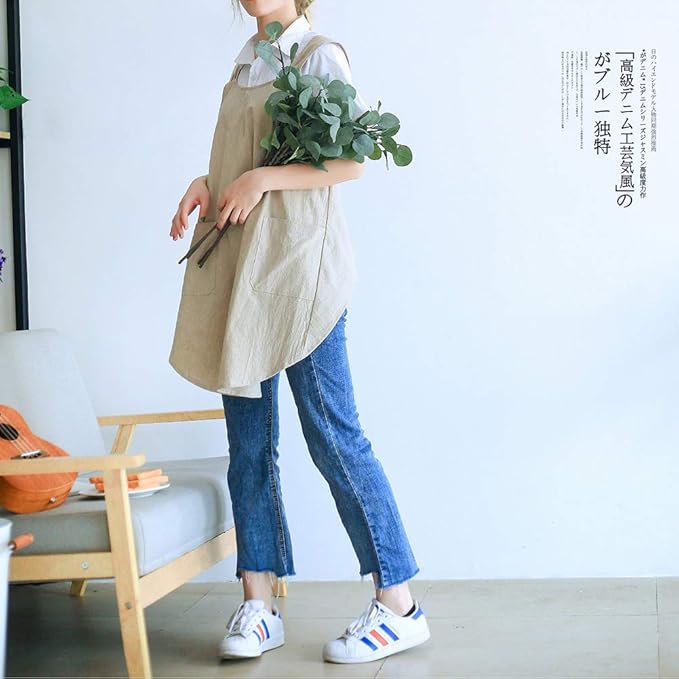 NEWGEM Japanese Cotton Linen Cross Back Cooking Apron for Women Men with Pockets Cute for Baking Kitchen