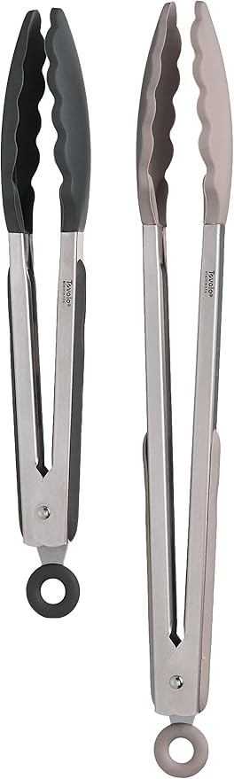 Tovolo Stainless Steel Tongs with Silicone Tip Set 9" 12" with Easy Lock Mechanism for Grilling Air Fryer Cooking Serving Salad, Heat Resistant Silicone Tipped Kitchen Tongs Warm Gray Charcoal Gray