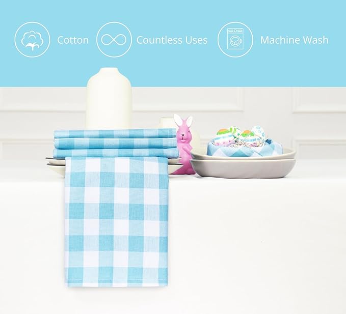 PurpleEssences Buffalo Plaid Cloth Napkins - Mitered Corners - Spring Easter Summer - Gingham Check Dinner Napkin - Set of 12-100% Cotton - 18x18 Inch - Reusable Washable - Aqua Blue and White