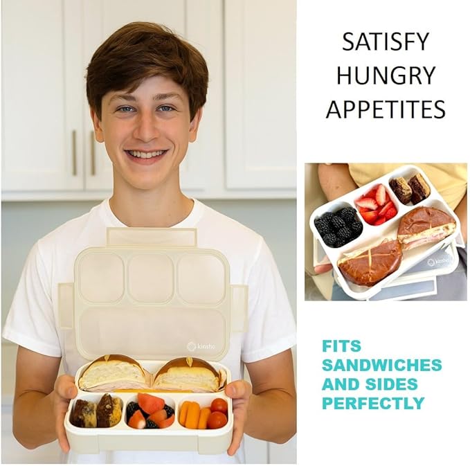 kinsho Bento Lunch Box Container for Kids Adults, Portion Control Meal Prep and Snack Containers, Japanese Style Boxes with 4 Compartments for Boys Girls Teens, School Work and Travel | Gray