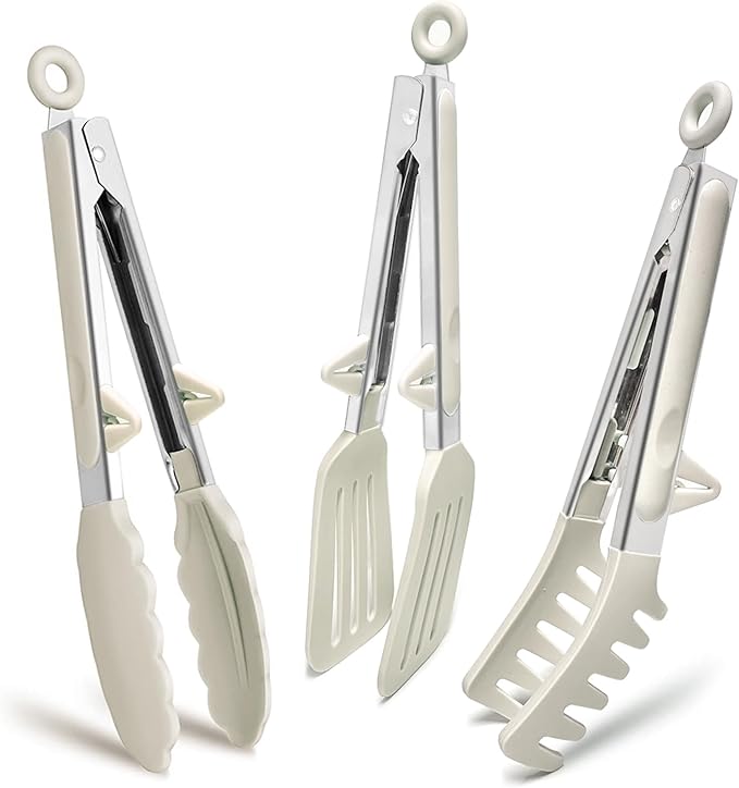 Kitchen Tongs, 9 Inch Tongs for Cooking with Silicone Tips, Food Grade Small Silicone Tongs, Mini Serving Tongs for Nonstick Pans, BBQ, Salad, Set of 3, White