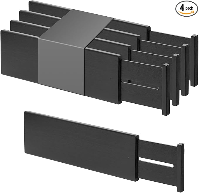 Utoplike Bamboo Drawer Dividers Large, 4'' High Adjustable Kitchen Drawers Organizers for Clothing, Spring Loaded, Works in Bathroom, Dresser, Desk, 4 PCS, Black