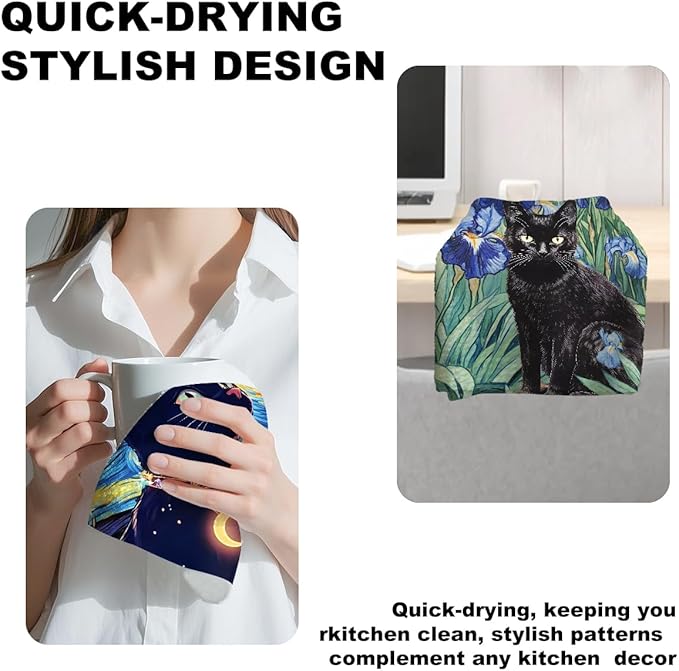 2Pcs Cat Kitchen Towels, Cats Floral Absorbent Tea Towel Decorative Dish Hand Towels Cat Lover Gifts for Cleaning Drying Cats Owners Women Mom Housewarming Gifts 14 x 24 Inch Kitchen Home Decor-1