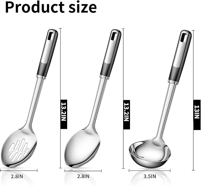Stainless Steel Cooking Spoons Set – Includes Slotted Spoon, Serving Spoon & Soup Ladle, Heat-Resistant, Dishwasher Safe, Ergonomic Handles for Home & Commercial Use