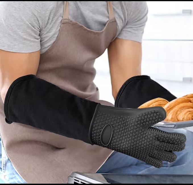 A Pair of Extra Long Non Slip Silicone Oven Mitts/Gloves, Heat Resistance,for Kitchen/BBQ, Black.19 inch