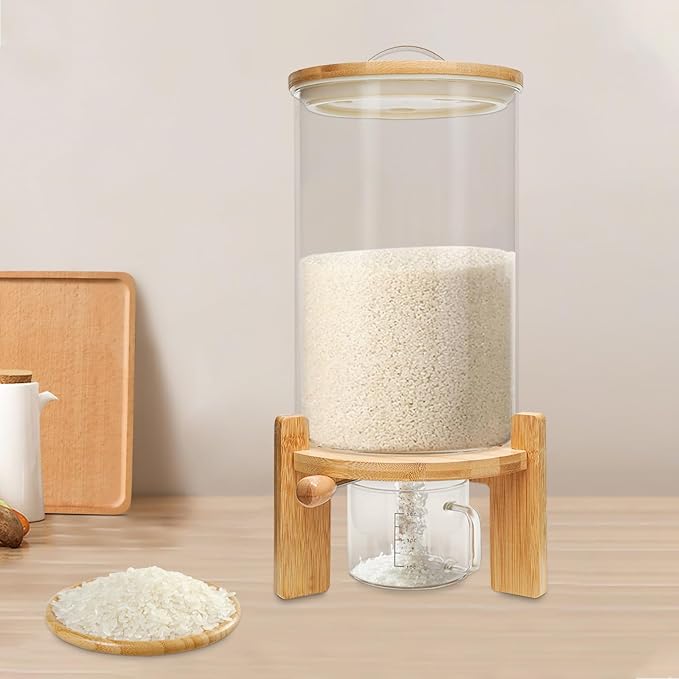 7.5L Cereal Dispenser, Bamboo Grain Storage Barrel with Sealed Lid and Wooden Stand, Cereal Container for Pantry Organization and Storage