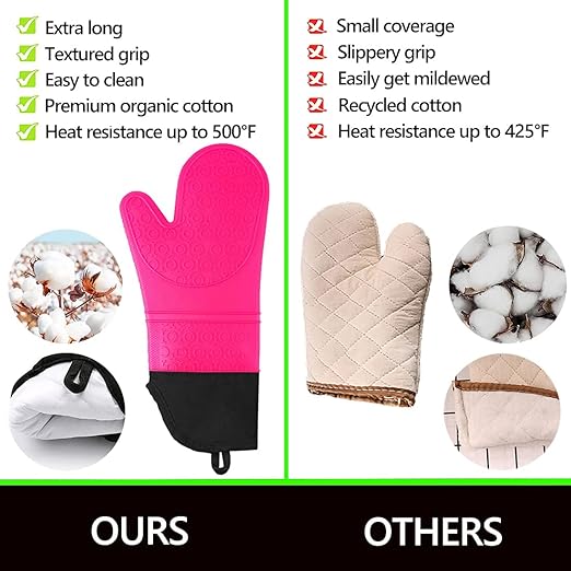 Silicone Oven Mitts and Pot Holders Set, MTZRFLL Extra Long Heat Resistant Oven Gloves with Hot Pads and Mini Oven Mittens for Grilling, Kitchen Cooking Baking, Quilted Lining, Pack of 6 (Rose)