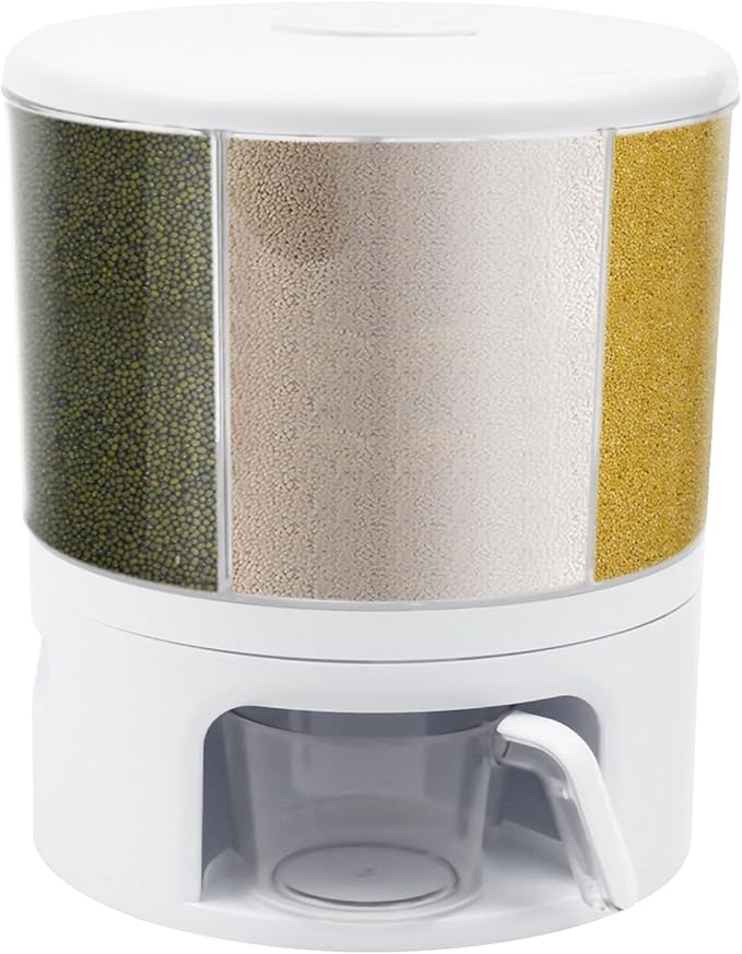 360° Rotating Grain Dispenser With 6 Grids, 24lbs Large Capacity Grain Dispenser Rotating Kitchen Storage Containers With Sealed Lid For Peanut Barley Millet And Cereal(White)