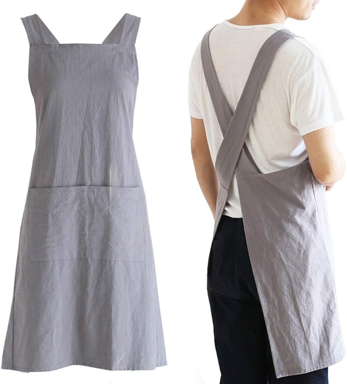 NEWGEM Japanese Cotton Linen Cross Back Cooking Apron for Women Men with Pockets Cute for Baking Kitchen
