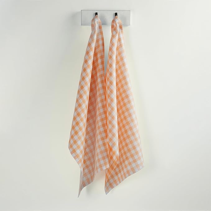 Solino Home Linen Kitchen Towels Set of 2 - Sunny Orange 17 x 26 Inch - 100% Pure Linen Gingham Check Kitchen/Tea Towels - Machine Washable and Handcrafted from European Flax