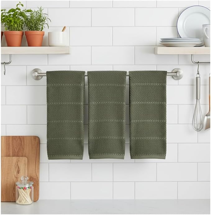 Serafina Home Olive Green Kitchen Hand Dish Towels: Oversized 28" x 18",100% Cotton Cloth Soft Cleaning Drying Absorbent Ribbed Design, Set of 3 Multipurpose for Everyday Use (Olive Textured)