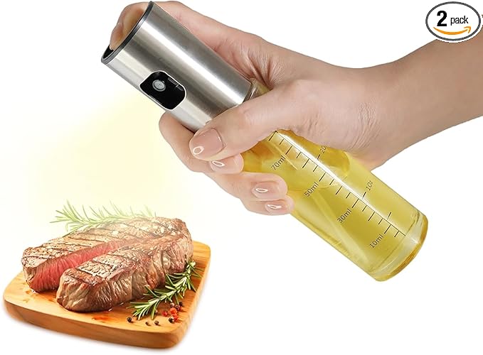 2 Pack Oil Sprayer for Cooking, 3.5 OZ Olive Oil Dispenser Bottle for Kitchen Gadgets, Food, Air Fryer, Salad, Vinegar, BBQ, Stainless Steel Pump for Mist Spray, Glass Metarial Mister, 100 ML