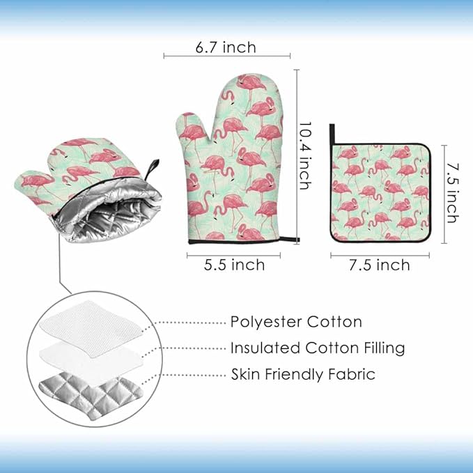 Pink Flamingo Oven Mitts and Pot Holders Sets Palm Leaves Tropical Animal Heat Resistant 3pcs for Cooking Baking BBQ
