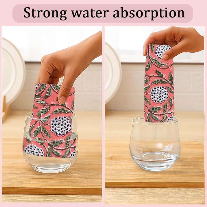 Ridhi Dark Salmon Pink Hand Block Print Cotton Waffle Dish Cloth Set of 12-12x12 Inch Super Absorbent, Soft, Reusable Kitchen Towels for Dish Drying Cleaning, Ideal for Spring, Easter, Valentine