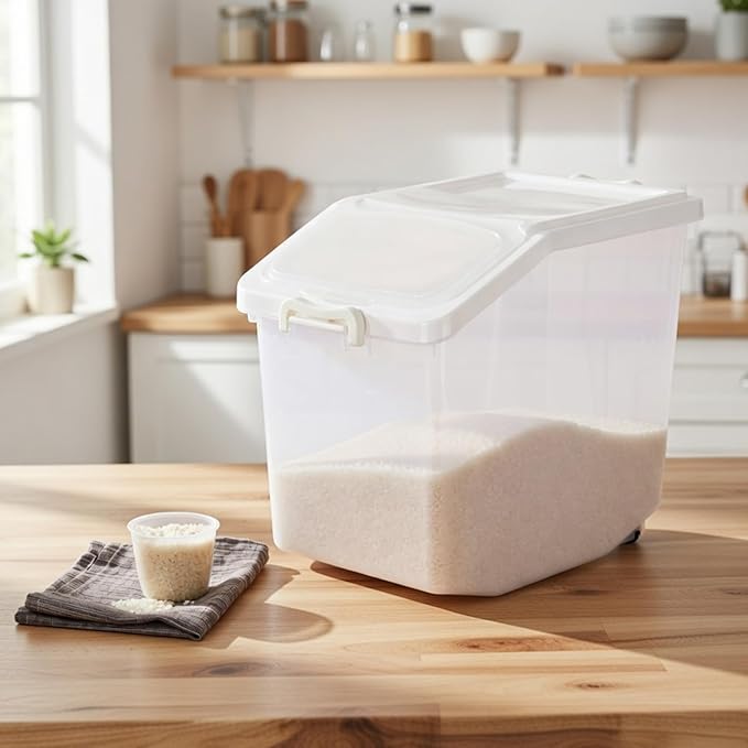 Sunnyray 4 Pcs Rice Storage Container 33.1 lb Airtight Flour Container with Wheels Measuring Cup White Pet Food Dog Cat Birds Food Bin Grain Cereal Organizer Box for Dry Baking Supplies