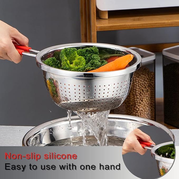 Stainless Steel Perforated Metal Colander Strainer with Long Red Handle Sieve Sifters Use for Kitchen Food Pasta Noodles Spaghetti Vegetables Silver - 10.24 inch (C072-Mer-26)