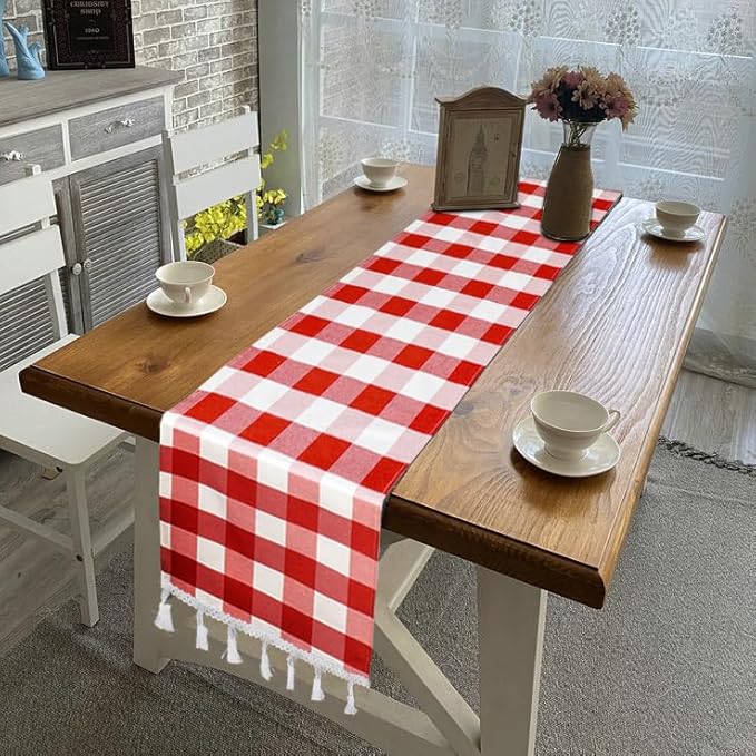 DUOBAO 2pcs 14x90 Inch Red and Black Buffalo Plaid Table Runner with Tassels Perfect for Dining Room, Kitchen, and Holiday Gatherings