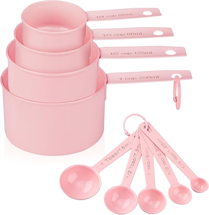 Measuring Cups and Spoons Set of 9, Stainless Steel Measuring cup for Cooking and Baking, Measuring spoons for Dry and Liquid Ingredients (Pink)