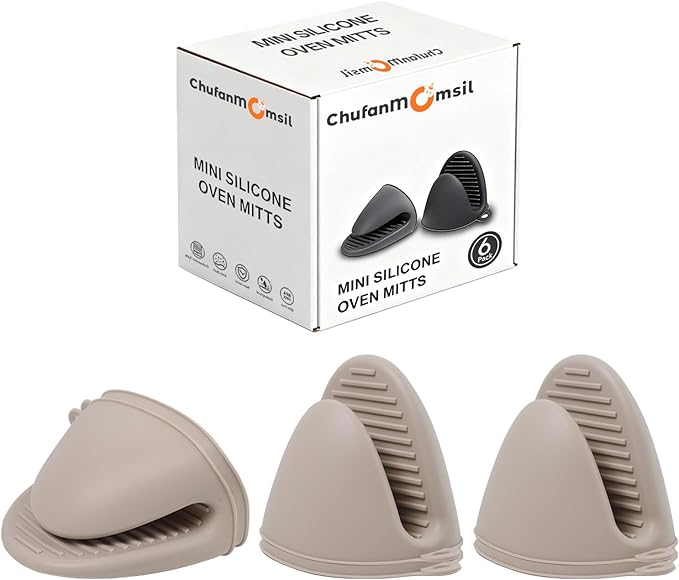Silicone Oven Mitts Heat Resistant 3 Pair Mini Pot Pinch Grip- ChufanMomsil Short Cute Pot Holders Sets for Kitchen, Air Fryer, Baking, Small Silicone Rubber Oven Gloves Mittens, Khaki