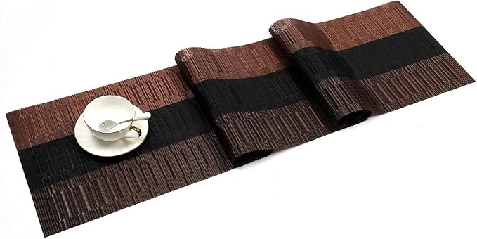 SHACOS Woven Vinyl Table Runners PVC Table Runners 12 x 90 inch Long Wipeable Bamboo Weave Runner for Tables Indoor Outdoor, Ombre Coffee Black