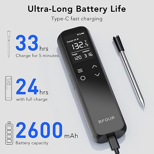 BFOUR Wireless Meat Thermometer Bluetooth with Digital Standalone Base, WiFi Unlimited Range, 6 Precision Sensor, IP67 Waterproof and Heat Resistant, Digital Meat Thermometer for Food Cooking