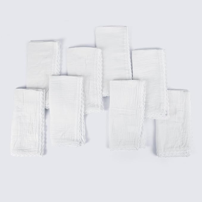 Fingercraft Dinner Cloth Napkin Cotton Muslin Double Gauze 8 Pack with Classic Lace for Everyday Use, Wedding, Party, Christmas, Easter Napkins Cloth are Pre Shrunk and Good Absorbency White