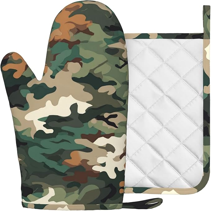Green Camouflage Oven Mitt and Pot Holder with Silicone Heat Resistant Kitchen for Cooking BBQ Baking Grilling Cooking Protection