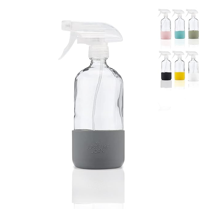 Clear Glass Spray Bottle with Silicone Sleeve for Cleaning Solutions, Essential Oils, Plants, Vinegar - 16 oz, Refillable, Food Safe (Steel Gray)
