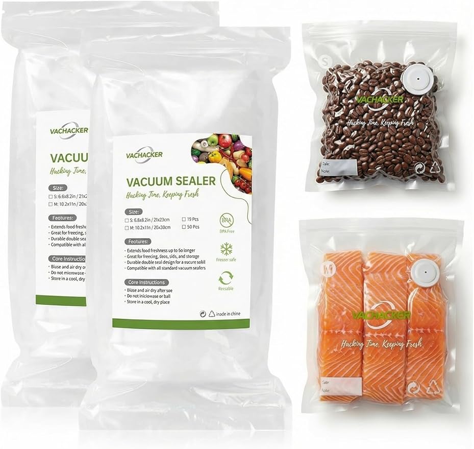 30 Pack Multi-Size Reusable Vacuum Sealer Bags with Valve(15 Small 8"x8", 15 Medium 10"x11"), BPA Free Replacement Bags for Handheld Sealer, Perfect Starter Kit Refill, Dishwasher & Freezer Safe