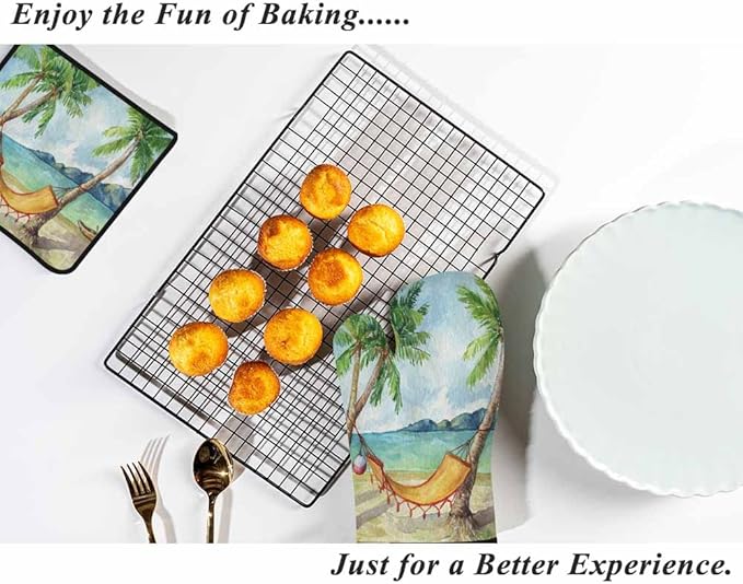 Summer Beach Oven Mitts and Pot Holders Sets Tropical Palm Tree Hammock Heat Resistant 3pcs for Cooking Baking BBQ