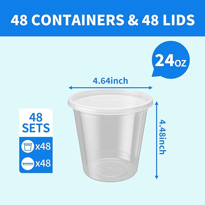 Plastic Deli Containers with Lids, 48 Sets 24oz Leakproof Soup Storage Containers for Family Soup & Leftovers, Round Meal Prep Cups, BPA Free, Microwave/Freezer/Dishwasher Safe